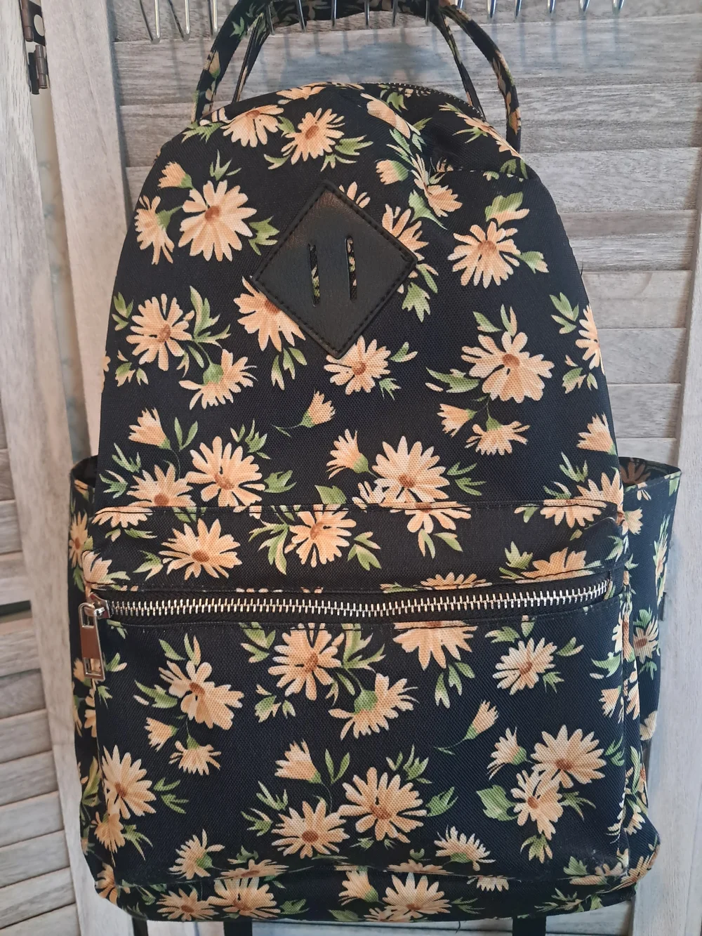Floral Canvas Mini Backpack - Black with Cream Daisies